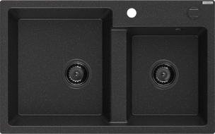 Mexen Tomas zlewozmywak granitowy 2-komorowy 800 x 500 mm, czarny/srebrny metalik, syfon czarny - 6516802000-73-B