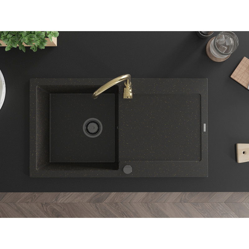 Mexen Leo zlewozmywak granitowy 1-komorowy z ociekaczem i baterią kuchenną Telma, czarny/złoty metalik - 6501-75-670200-50-B