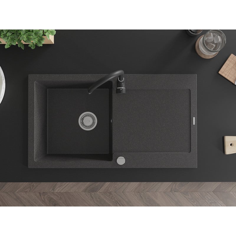 Mexen Leo zlewozmywak granitowy 1-komorowy z ociekaczem i baterią kuchenną Telma, czarny nakrapiany - 6501-76-670200-70