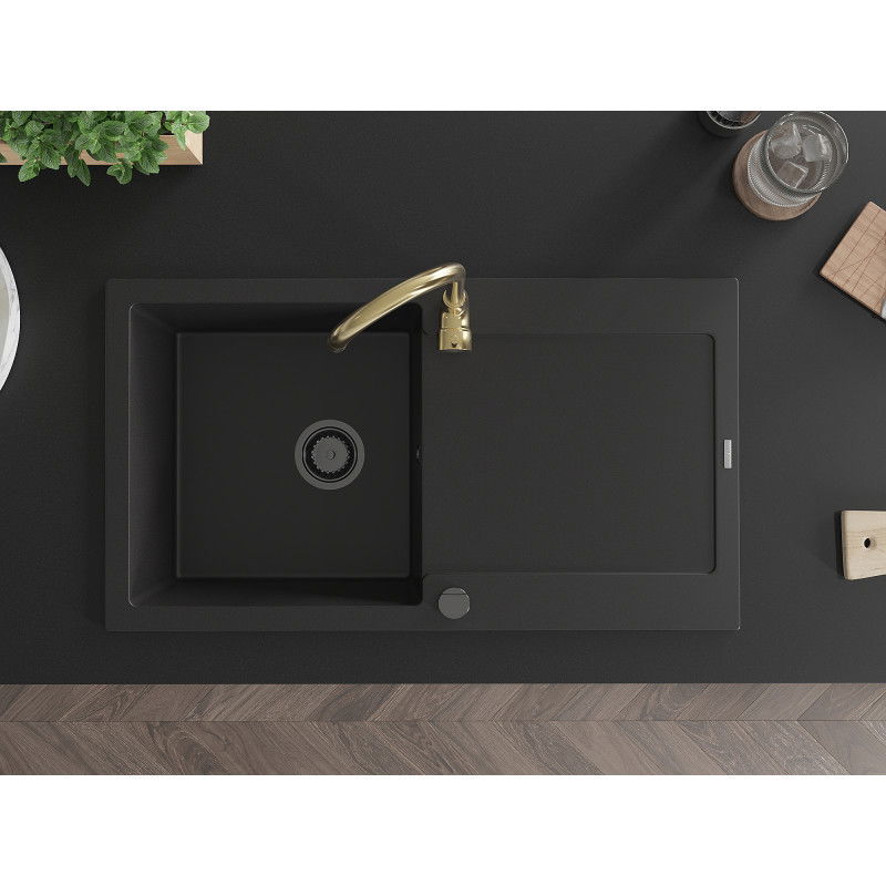Mexen Leo zlewozmywak granitowy 1-komorowy z ociekaczem i baterią kuchenną Telma, czarny - 6501-77-670200-50-B