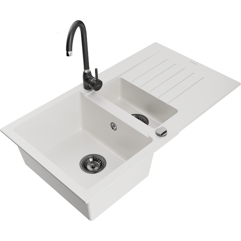 Mexen Matias zlewozmywak granitowy 1,5-komorowy z ociekaczem i baterią kuchenną Telma, biały - 6502-20-670200-70