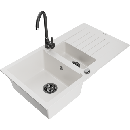 Mexen Matias zlewozmywak granitowy 1,5-komorowy z ociekaczem i baterią kuchenną Telma, biały - 6502-20-670200-70