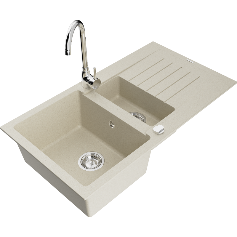 Mexen Matias zlewozmywak granitowy 1,5-komorowy z ociekaczem i baterią kuchenną Telma, beżowy - 6502-69-670200-00