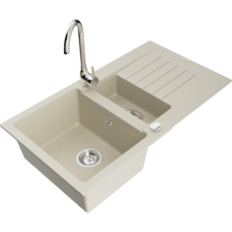 Mexen Matias zlewozmywak granitowy 1,5-komorowy z ociekaczem i baterią kuchenną Telma, beżowy - 6502-69-670200-00
