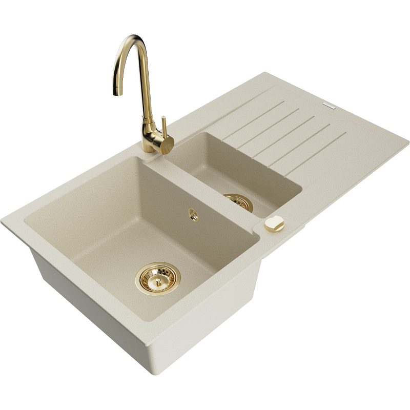 Mexen Matias zlewozmywak granitowy 1,5-komorowy z ociekaczem i baterią kuchenną Telma, beżowy - 6502-69-670200-50