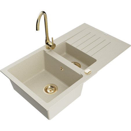 Mexen Matias zlewozmywak granitowy 1,5-komorowy z ociekaczem i baterią kuchenną Telma, beżowy - 6502-69-670200-50