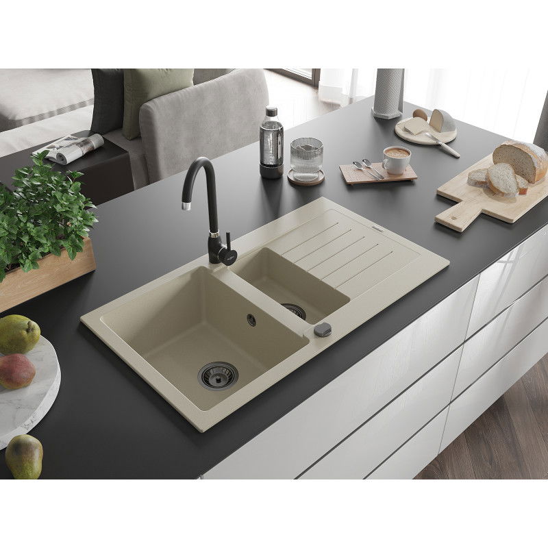 Mexen Matias zlewozmywak granitowy 1,5-komorowy z ociekaczem i baterią kuchenną Telma, beżowy - 6502-69-670200-70