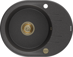 Mexen Kevin zlewozmywak granitowy 1-komorowy z ociekaczem 586 x 458 mm, czarny nakrapiany, syfon złoty - 6517581005-76-G