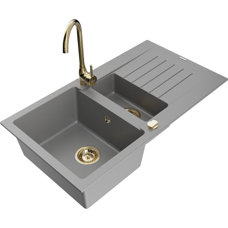 Mexen Matias zlewozmywak granitowy 1,5-komorowy z ociekaczem i baterią kuchenną Telma, szary - 6502-71-670200-50