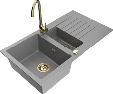 Mexen Matias zlewozmywak granitowy 1,5-komorowy z ociekaczem i baterią kuchenną Telma, szary - 6502-71-670200-50