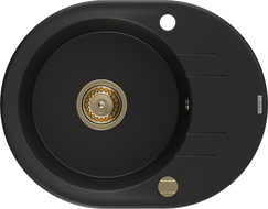 Mexen Kevin zlewozmywak granitowy 1-komorowy z ociekaczem 586 x 458 mm, czarny, syfon złoty - 6517581005-77-G