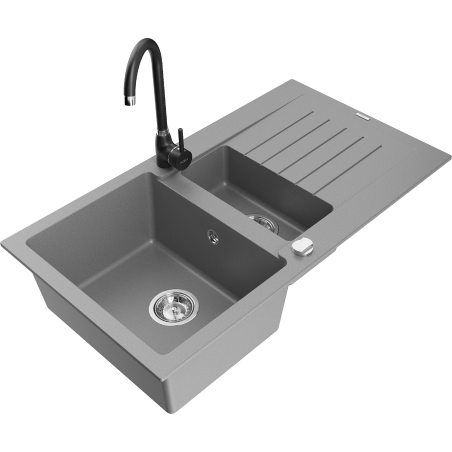 Mexen Matias zlewozmywak granitowy 1,5-komorowy z ociekaczem i baterią kuchenną Telma, szary - 6502-71-670200-70