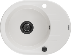 Mexen Kevin zlewozmywak granitowy 1-komorowy z ociekaczem 586 x 458 mm, biały, syfon czarny - 6517581005-20-B