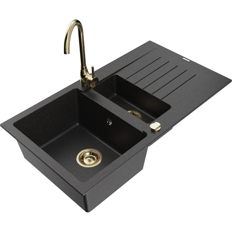 Mexen Matias zlewozmywak granitowy 1,5-komorowy z ociekaczem i baterią kuchenną Telma, czarny/srebrny - 6502-73-670200-50