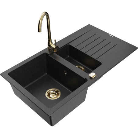 Mexen Matias zlewozmywak granitowy 1,5-komorowy z ociekaczem i baterią kuchenną Telma, czarny/srebrny - 6502-73-670200-50