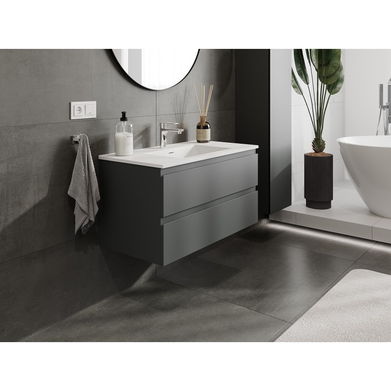 Mexen Orio szafka łazienkowa 90 cm z umywalką Otis, 2 szuflady, grafit mat/biała mat - 91A10-09047-2-BFF66-W18M01