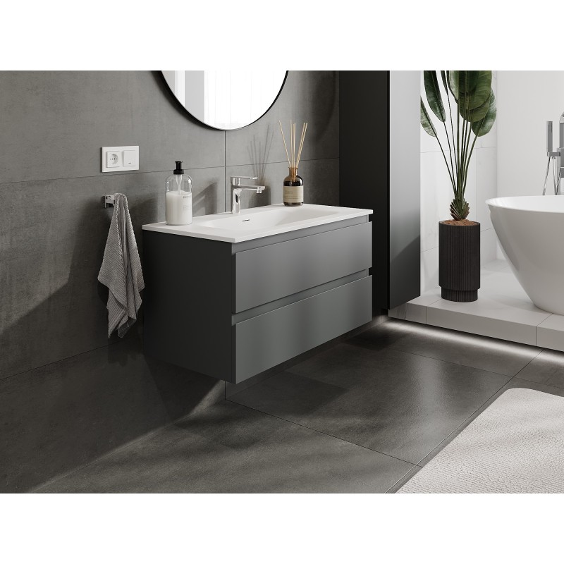Mexen Orio szafka łazienkowa 90 cm z umywalką Vela, 2 szuflady, grafit mat/biała mat - 91A10-09047-2-BFF66-W23M01