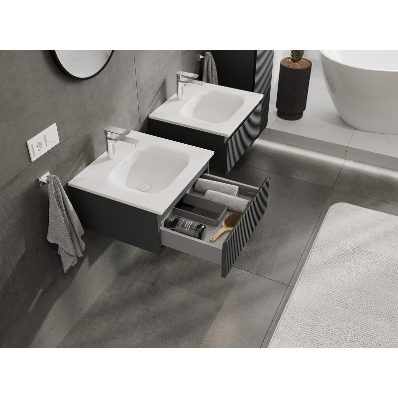 Mexen Rivel szafka łazienkowa 50 cm z umywalką Vela, 1 szuflada, ryflowana , grafit mat/biała mat - 91A20-05023-1-BF66-W23M01