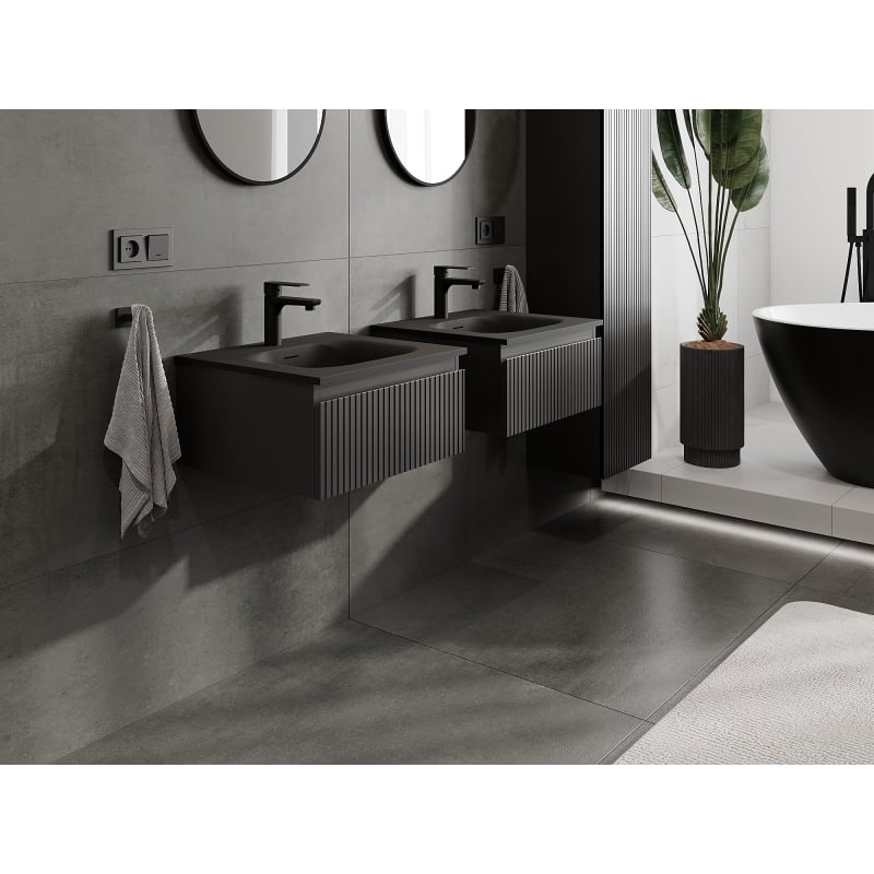 Mexen Rivel szafka łazienkowa 50 cm z umywalką Vela, 1 szuflada, ryflowana , czarna mat - 91A20-05023-1-BF71-W23M71