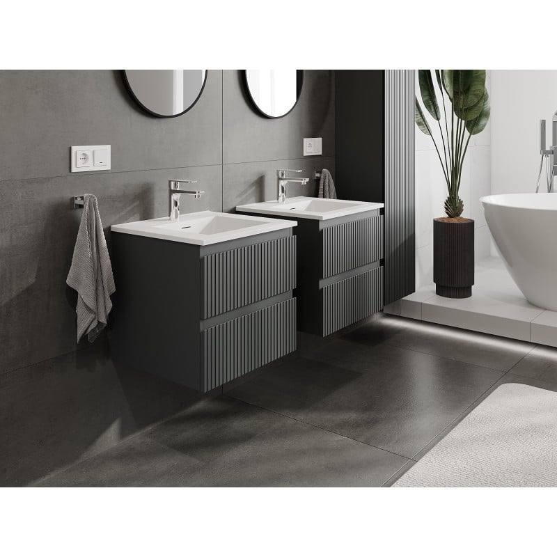 Mexen Rivel szafka łazienkowa 50 cm z umywalką Otis, 2 szuflady, ryflowana , grafit mat/biała mat - 91A20-05047-2-BFF66-W18M01