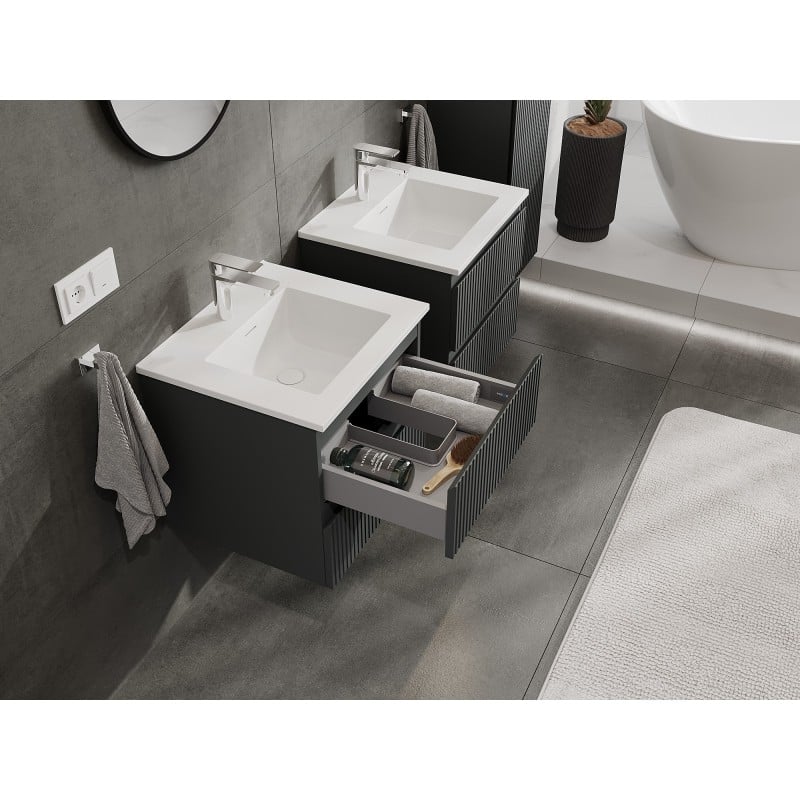 Mexen Rivel szafka łazienkowa 50 cm z umywalką Otis, 2 szuflady, ryflowana , grafit mat/biała mat - 91A20-05047-2-BFF66-W18M01