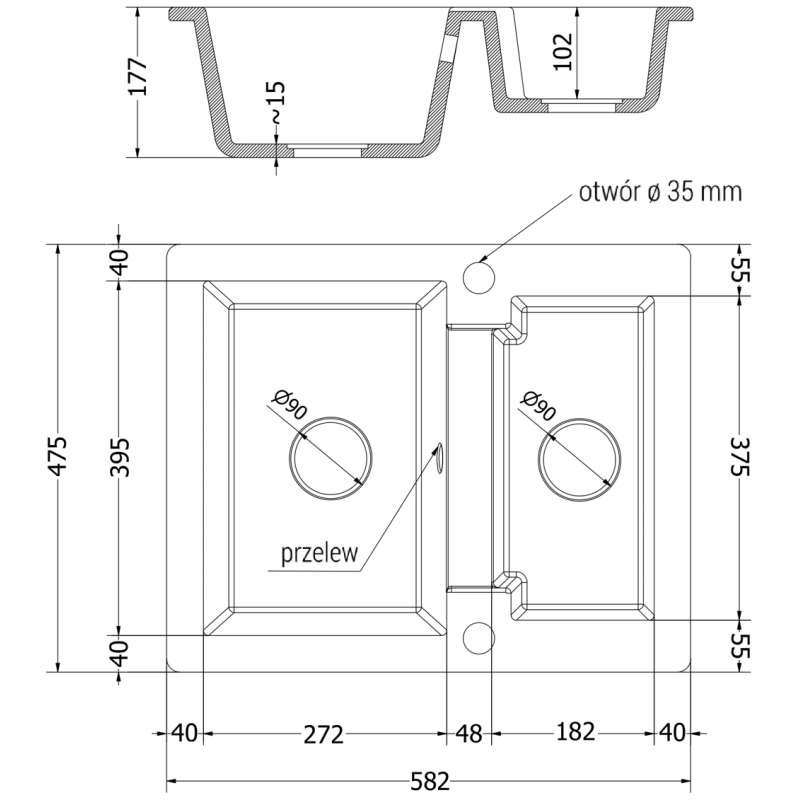Mexen Carlos zlewozmywak granitowy 1,5-komorowy 582 x 475 mm, szary, syfon złoty - 6518581500-71-G