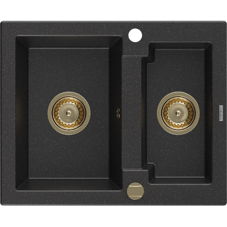 Mexen Carlos zlewozmywak granitowy 1,5-komorowy 582 x 475 mm, czarny/srebrny metalik, syfon złoty - 6518581500-73-G