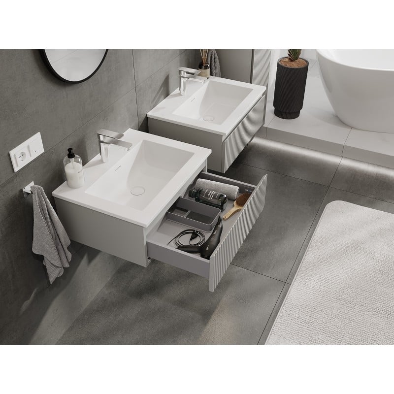 Mexen Rivel szafka łazienkowa 60 cm z umywalką Otis, 1 szuflada, ryflowana , szara mat/biała mat - 91A20-06023-1-BF62-W18M01