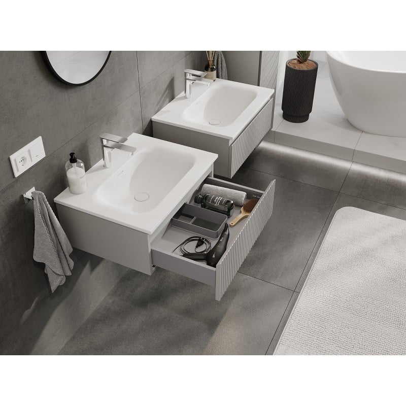 Mexen Rivel szafka łazienkowa 60 cm z umywalką Vela, 1 szuflada, ryflowana , szara mat/biała mat - 91A20-06023-1-BF62-W23M01