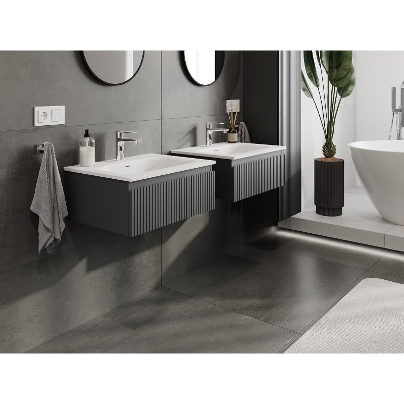 Mexen Rivel szafka łazienkowa 60 cm z umywalką Vela, 1 szuflada, ryflowana , grafit mat/biała mat - 91A20-06023-1-BF66-W23M01