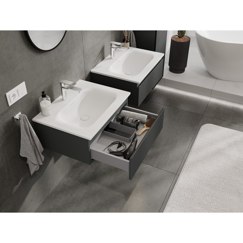 Mexen Rivel szafka łazienkowa 60 cm z umywalką Vela, 1 szuflada, ryflowana , grafit mat/biała mat - 91A20-06023-1-BF66-W23M01
