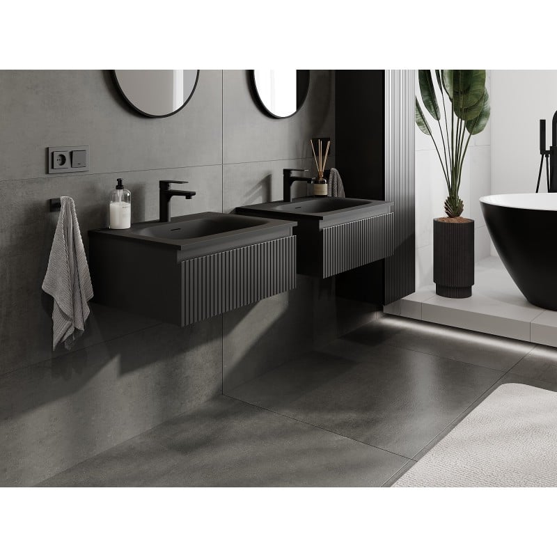 Mexen Rivel szafka łazienkowa 60 cm z umywalką Vela, 1 szuflada, ryflowana , czarna mat - 91A20-06023-1-BF71-W23M71