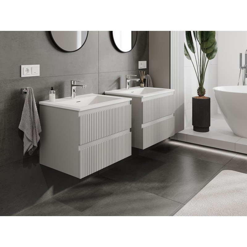 Mexen Rivel szafka łazienkowa 60 cm z umywalką Otis, 2 szuflady, ryflowana , szara mat/biała mat - 91A20-06047-2-BFF62-W18M01