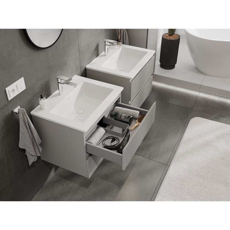Mexen Rivel szafka łazienkowa 60 cm z umywalką Otis, 2 szuflady, ryflowana , szara mat/biała mat - 91A20-06047-2-BFF62-W18M01