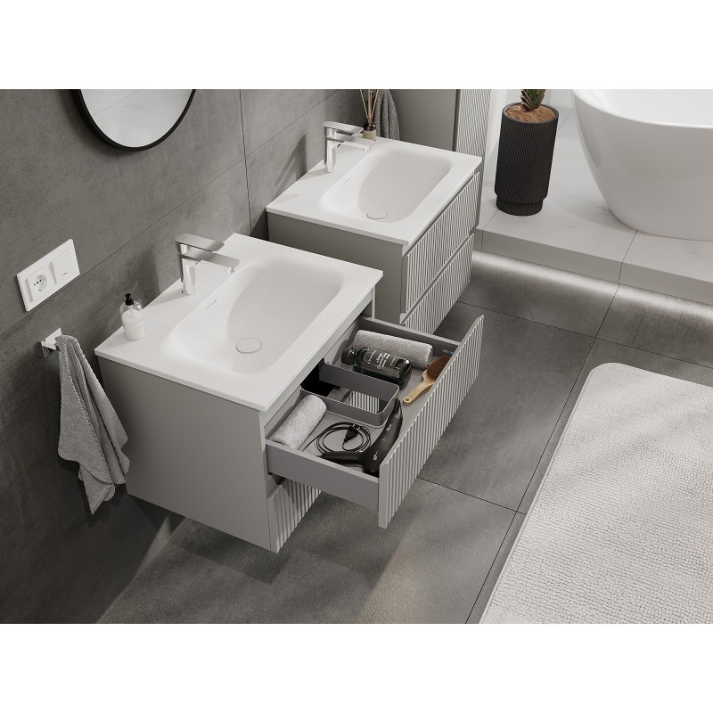 Mexen Rivel szafka łazienkowa 60 cm z umywalką Vela, 2 szuflady, ryflowana , szara mat/biała mat - 91A20-06047-2-BFF62-W23M01