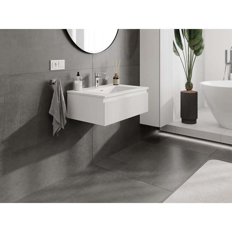 Mexen Rivel szafka łazienkowa 70 cm z umywalką Otis, 1 szuflada, ryflowana , biała mat - 91A20-07023-1-BF01-W18M01