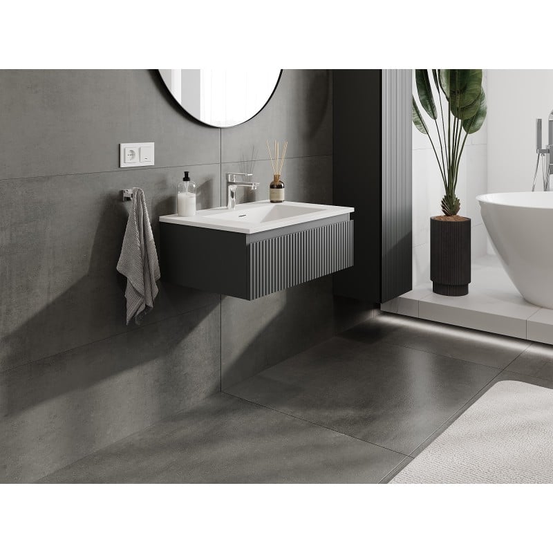 Mexen Rivel szafka łazienkowa 70 cm z umywalką Otis, 1 szuflada, ryflowana , grafit mat/biała mat - 91A20-07023-1-BF66-W18M01