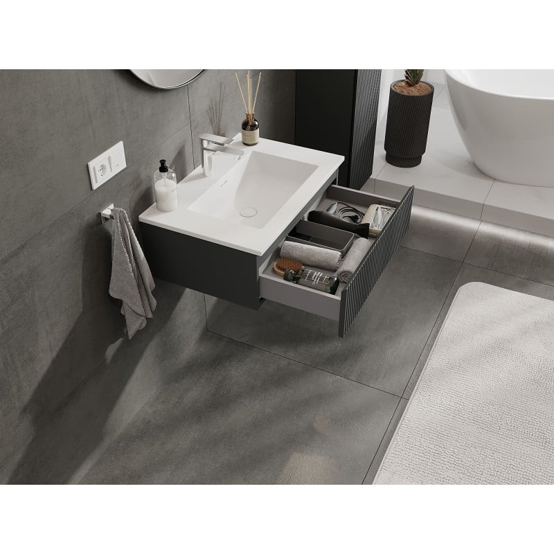 Mexen Rivel szafka łazienkowa 70 cm z umywalką Otis, 1 szuflada, ryflowana , grafit mat/biała mat - 91A20-07023-1-BF66-W18M01