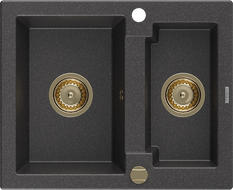 Mexen Carlos zlewozmywak granitowy 1,5-komorowy 582 x 475 mm, czarny nakrapiany, syfon złoty - 6518581500-76-G