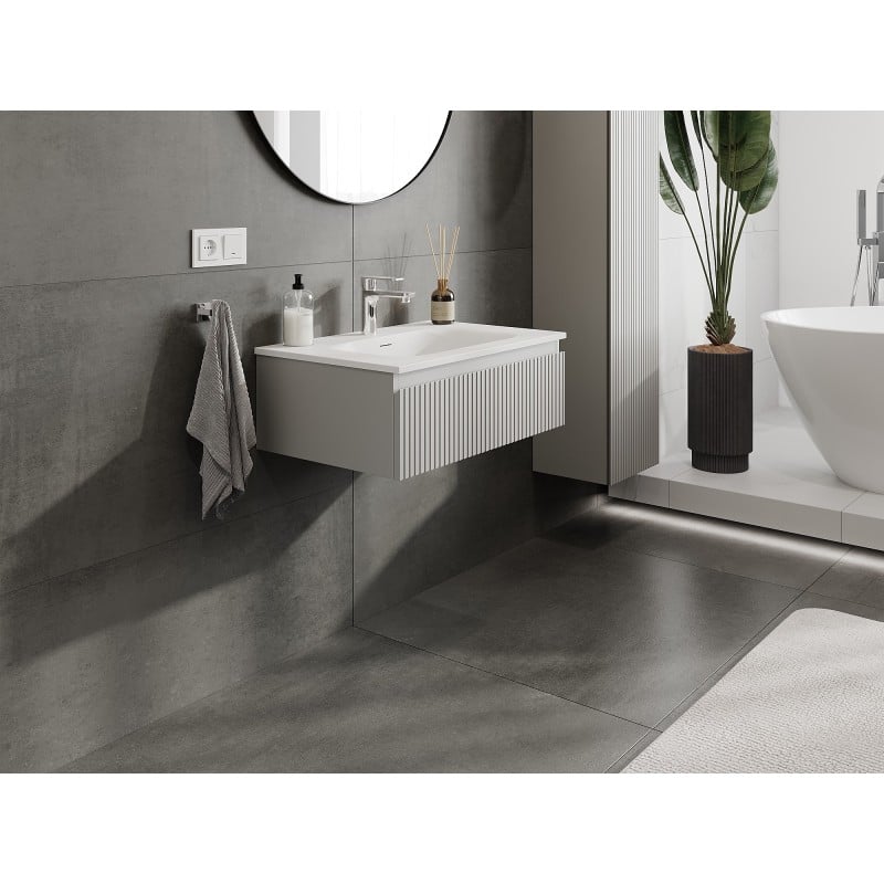 Mexen Rivel szafka łazienkowa 70 cm z umywalką Vela, 1 szuflada, ryflowana , szara mat/biała mat - 91A20-07023-1-BF62-W23M01