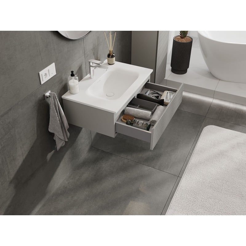 Mexen Rivel szafka łazienkowa 70 cm z umywalką Vela, 1 szuflada, ryflowana , szara mat/biała mat - 91A20-07023-1-BF62-W23M01