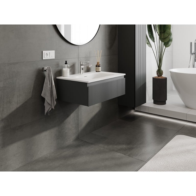 Mexen Rivel szafka łazienkowa 70 cm z umywalką Vela, 1 szuflada, ryflowana , grafit mat/biała mat - 91A20-07023-1-BF66-W23M01