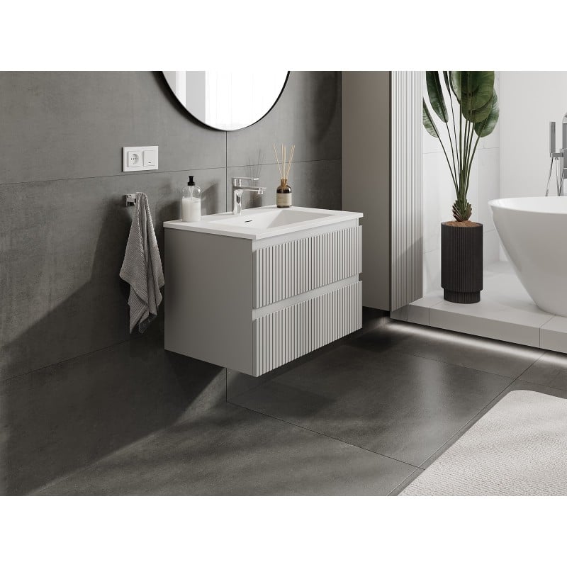 Mexen Rivel szafka łazienkowa 70 cm z umywalką Otis, 2 szuflady, ryflowana , szara mat/biała mat - 91A20-07047-2-BFF62-W18M01