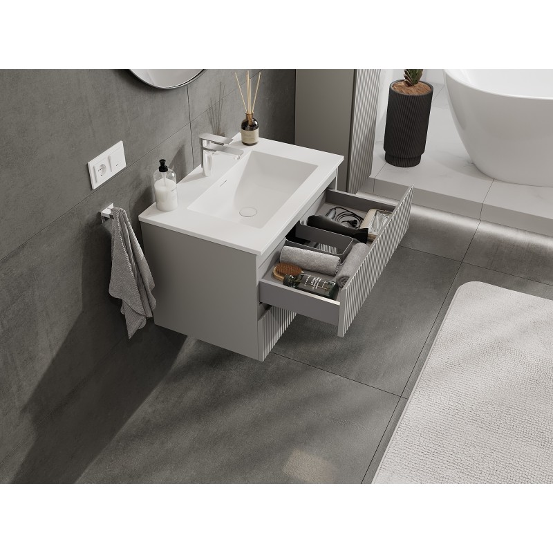 Mexen Rivel szafka łazienkowa 70 cm z umywalką Otis, 2 szuflady, ryflowana , szara mat/biała mat - 91A20-07047-2-BFF62-W18M01