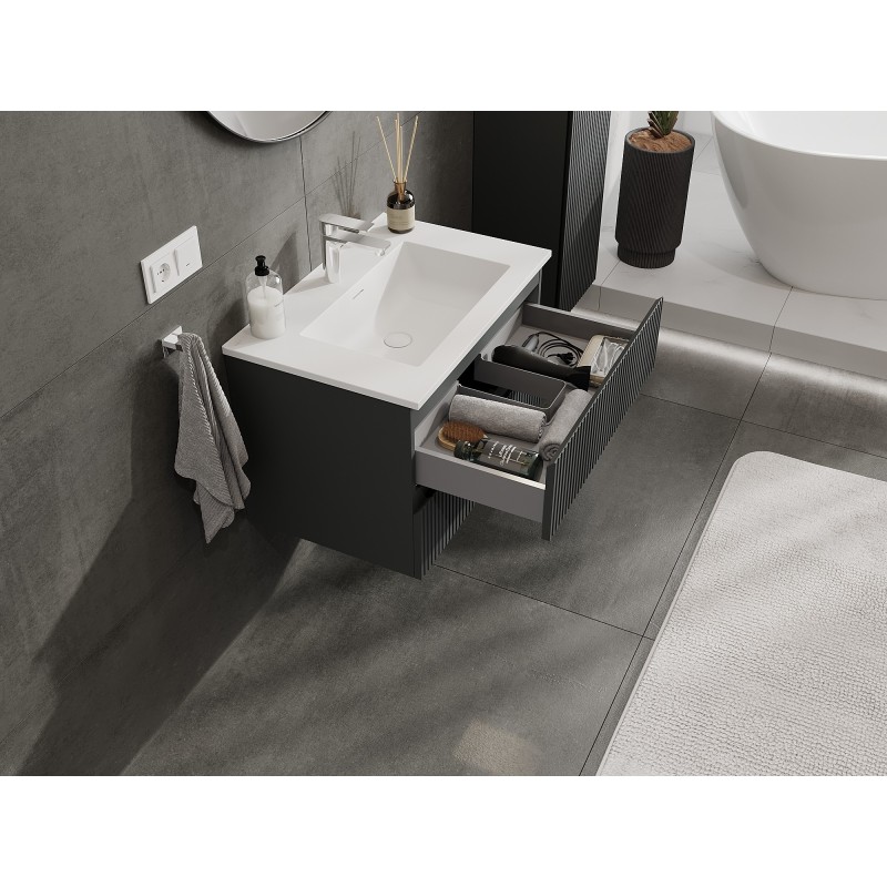 Mexen Rivel szafka łazienkowa 70 cm z umywalką Otis, 2 szuflady, ryflowana , grafit mat/biała mat - 91A20-07047-2-BFF66-W18M0
