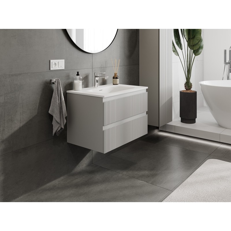 Mexen Rivel szafka łazienkowa 70 cm z umywalką Vela, 2 szuflady, ryflowana , szara mat/biała mat - 91A20-07047-2-BFF62-W23M01