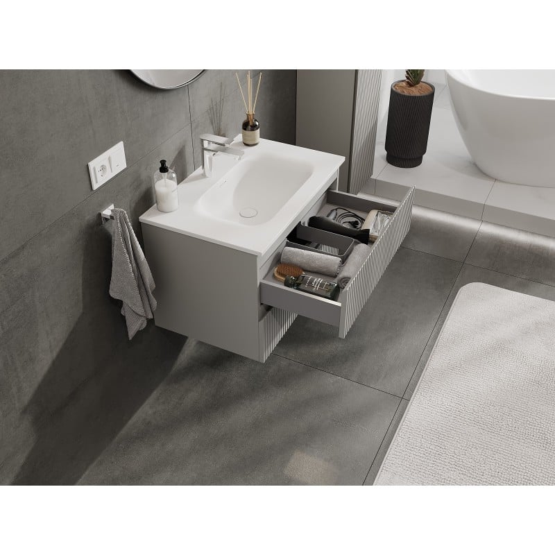Mexen Rivel szafka łazienkowa 70 cm z umywalką Vela, 2 szuflady, ryflowana , szara mat/biała mat - 91A20-07047-2-BFF62-W23M01