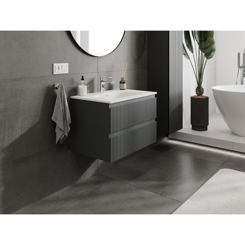 Mexen Rivel szafka łazienkowa 70 cm z umywalką Vela, 2 szuflady, ryflowana , grafit mat/biała mat - 91A20-07047-2-BFF66-W23M0