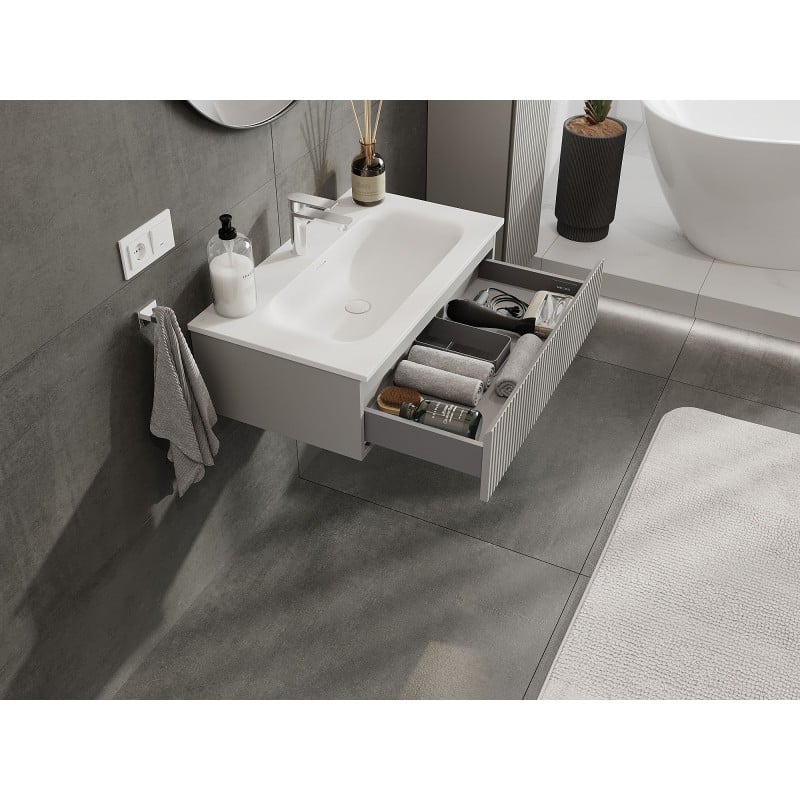 Mexen Rivel szafka łazienkowa 80 cm z umywalką Vela, 1 szuflada, ryflowana , szara mat/biała mat - 91A20-08023-1-BF62-W23M01