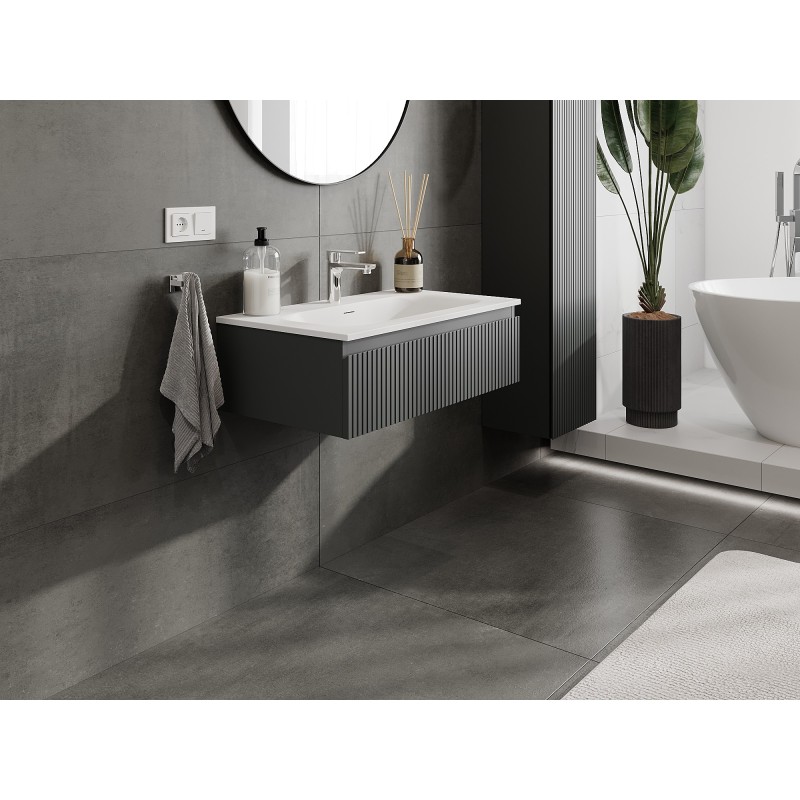 Mexen Rivel szafka łazienkowa 80 cm z umywalką Vela, 1 szuflada, ryflowana , grafit mat/biała mat - 91A20-08023-1-BF66-W23M01